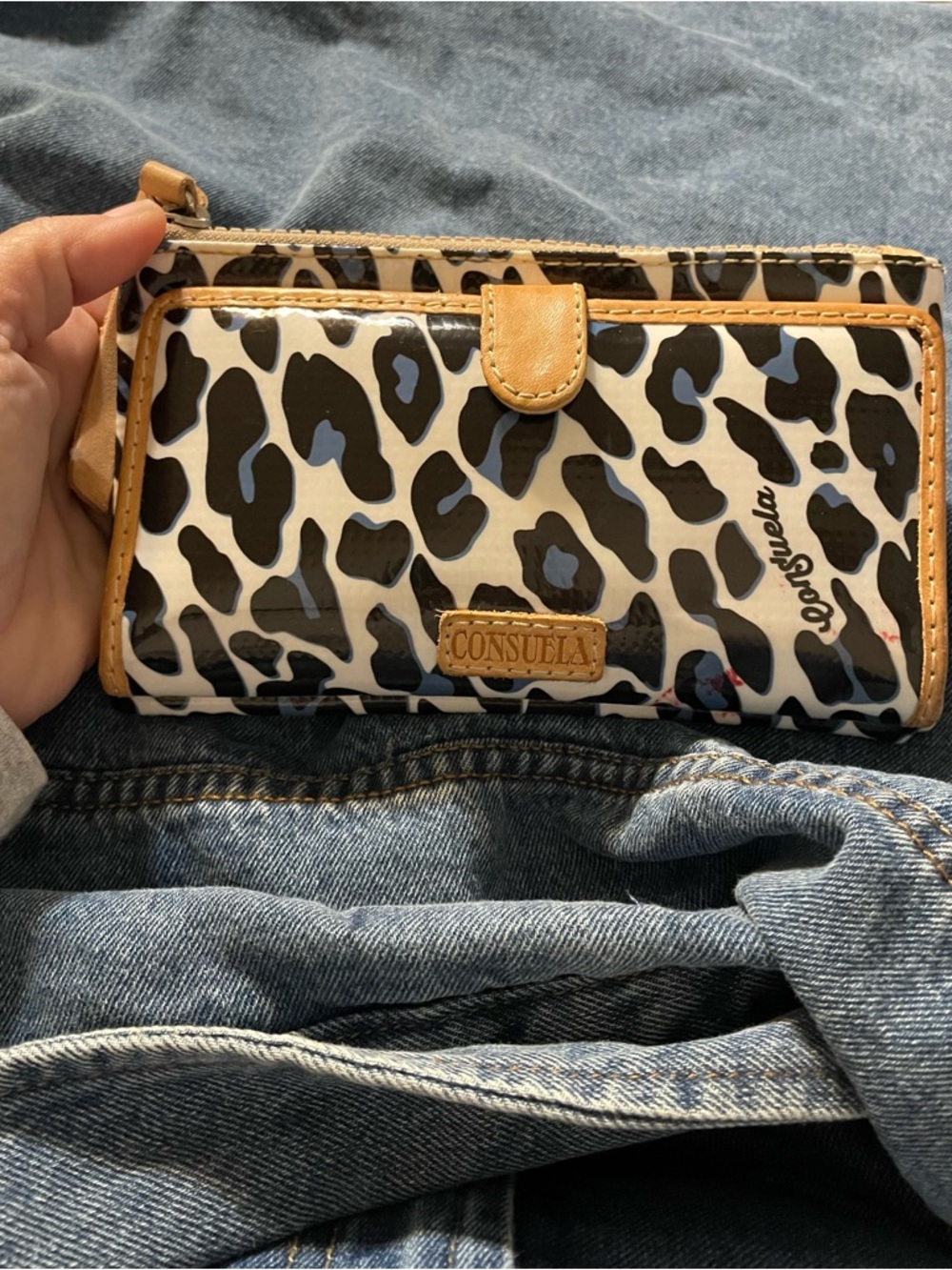 Consuela White and Tan Leopard Print Zip Wallet